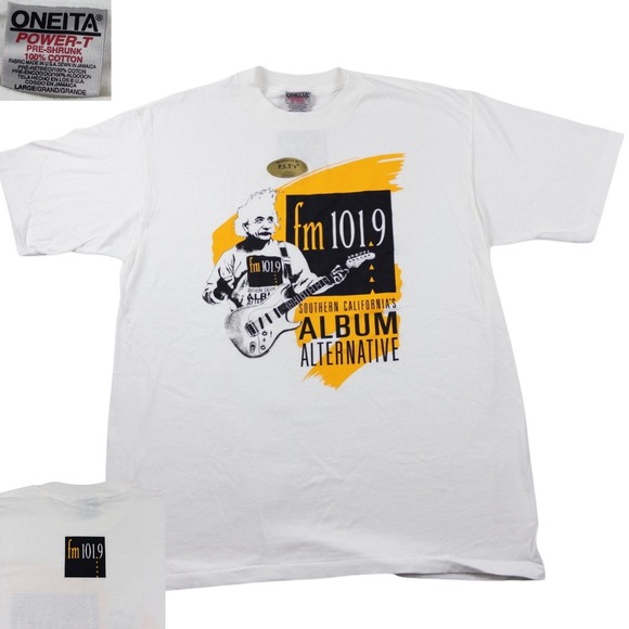 Oneita Other - Vintage Single Stitch Rock Tee Mens Large White Albert Einstein FM 101.9 90s